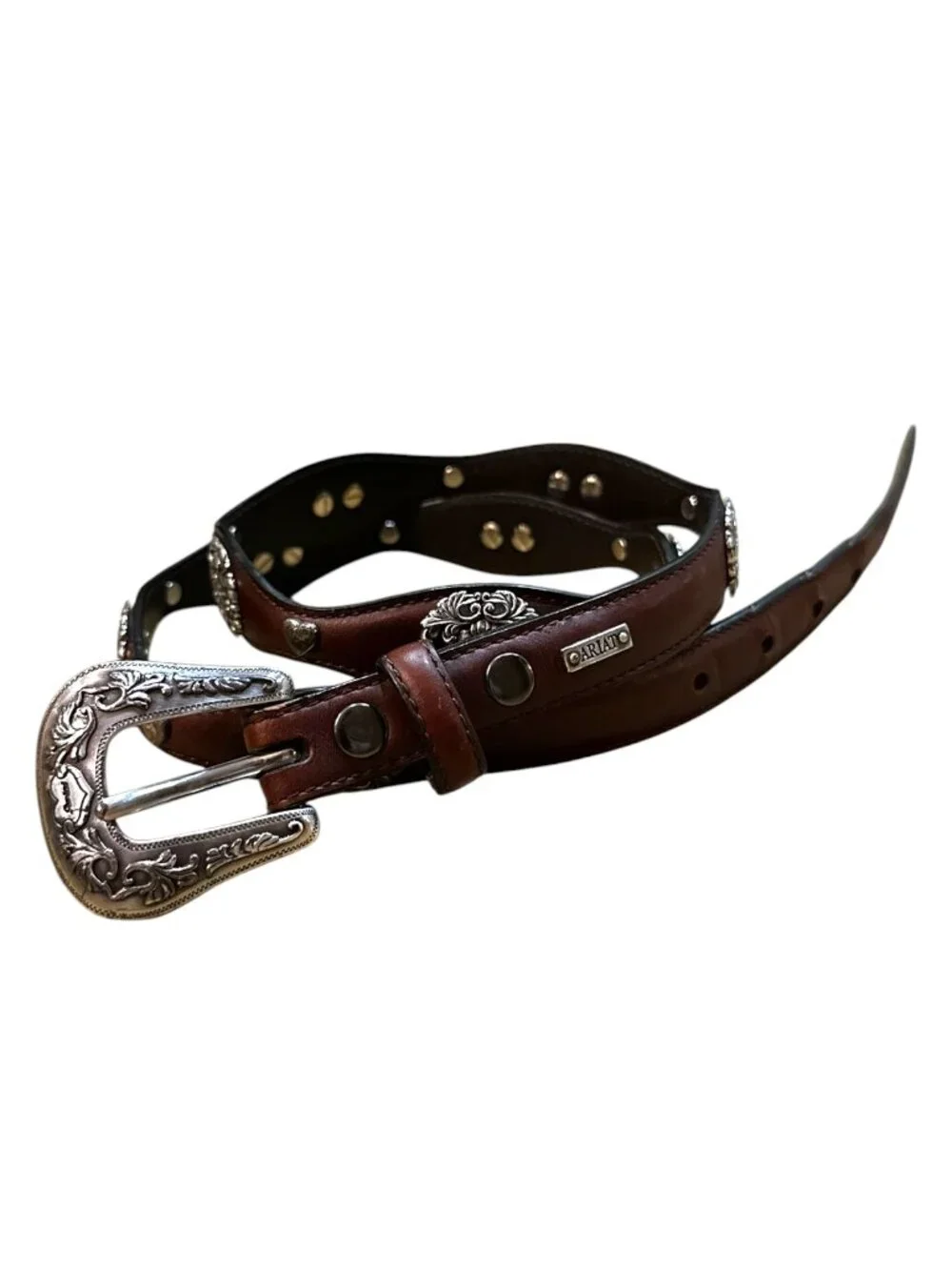 Vintage Ariat Brown Leather Silver Studded Belt Western